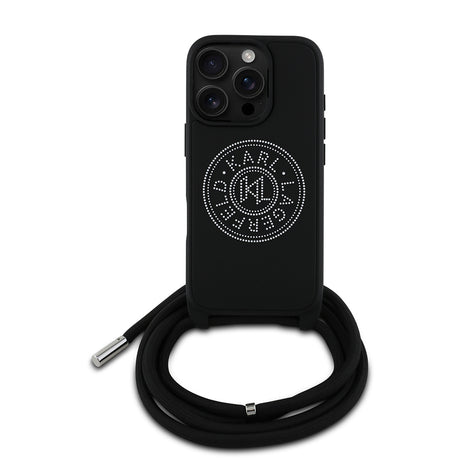 Apple iPhone 16 Pro Kılıf Karl Lagerfeld Orjinal Lisanslı Askı İpli Taşlı KL Yazılı Crossbody Cord Kapak