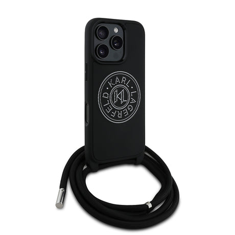 Apple iPhone 16 Pro Kılıf Karl Lagerfeld Orjinal Lisanslı Askı İpli Taşlı KL Yazılı Crossbody Cord Kapak