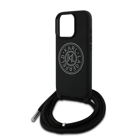 Apple iPhone 16 Pro Kılıf Karl Lagerfeld Orjinal Lisanslı Askı İpli Taşlı KL Yazılı Crossbody Cord Kapak