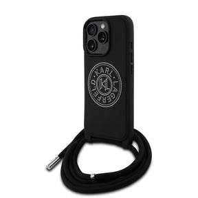 Apple iPhone 16 Pro Kılıf Karl Lagerfeld Orjinal Lisanslı Askı İpli Taşlı KL Yazılı Crossbody Cord Kapak