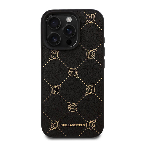 Apple iPhone 16 Pro Kılıf Karl Lagerfeld Orjinal Lisanslı M-safe Şarj Özellikli PU Deri Karl Heads Desenli Klasik Logolu Kapak