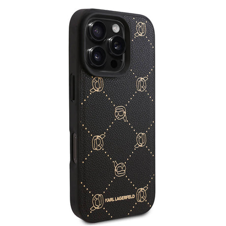 Apple iPhone 16 Pro Kılıf Karl Lagerfeld Orjinal Lisanslı M-safe Şarj Özellikli PU Deri Karl Heads Desenli Klasik Logolu Kapak