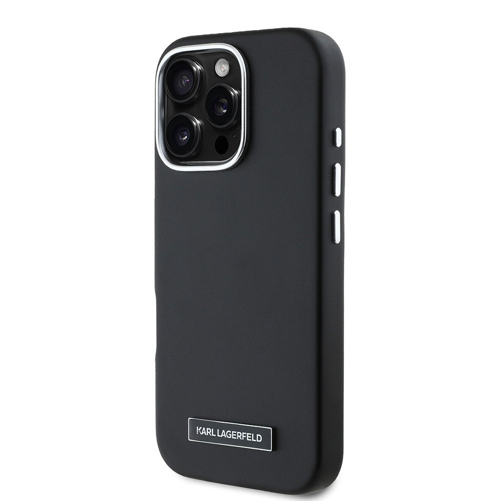 Apple iPhone 16 Pro Kılıf Karl Lagerfeld Orjinal Lisanslı M-safe Şarj Özellikli Metal Kamera ve Buton Tasarımlı Plaka Logolu PU Deri Kapak