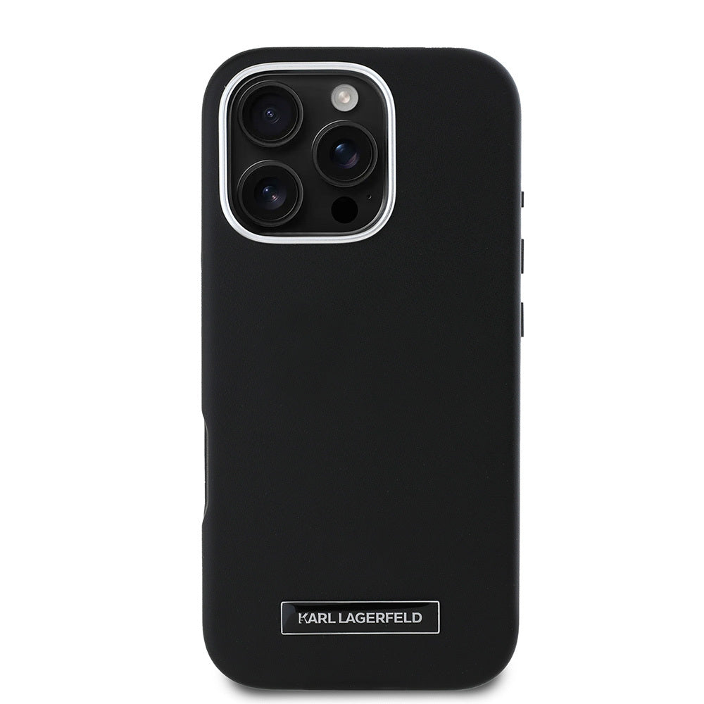 Apple iPhone 16 Pro Kılıf Karl Lagerfeld Orjinal Lisanslı M-safe Şarj Özellikli Metal Kamera ve Buton Tasarımlı Plaka Logolu PU Deri Kapak