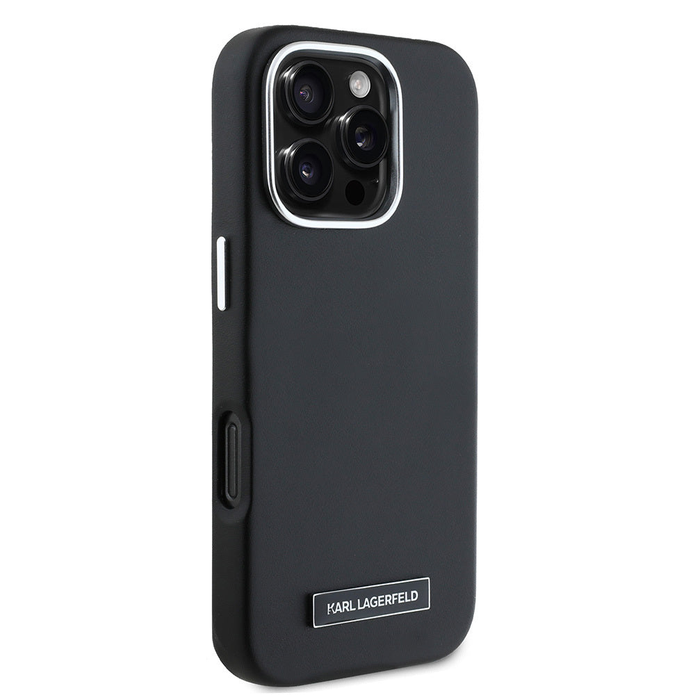 Apple iPhone 16 Pro Kılıf Karl Lagerfeld Orjinal Lisanslı M-safe Şarj Özellikli Metal Kamera ve Buton Tasarımlı Plaka Logolu PU Deri Kapak