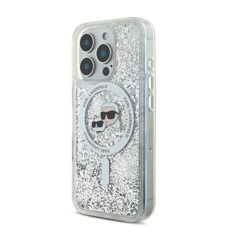 Apple iPhone 16 Pro Kılıf Karl Lagerfeld Orjinal Lisanslı M-safe Şarj Özellikli Sıvılı Simli KC Heads Kapak