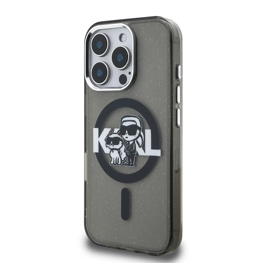 Apple iPhone 16 Pro Kılıf Karl Lagerfeld Orjinal Lisanslı Parlayan Simli Karl & Choupette Sketch Logo Kapak