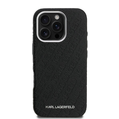 Apple iPhone 16 Pro Kılıf Karl Lagerfeld Orjinal Lisanslı PU Deri Damgalı Metal Yazı Logolu Kapak