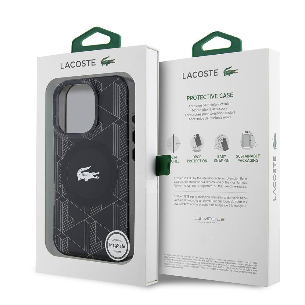 Apple iPhone 16 Pro Kılıf Lacoste Orjinal Lisanslı M-safe Şarj Özellikli IML Baskılı Gümüş Timsah Logolu Monogram Kapak