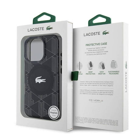 Apple iPhone 16 Pro Kılıf Lacoste Orjinal Lisanslı M-safe Şarj Özellikli IML Baskılı Gümüş Timsah Logolu Monogram Kapak