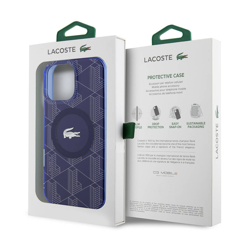 Apple iPhone 16 Pro Kılıf Lacoste Orjinal Lisanslı M-safe Şarj Özellikli IML Baskılı Gümüş Timsah Logolu Monogram Kapak