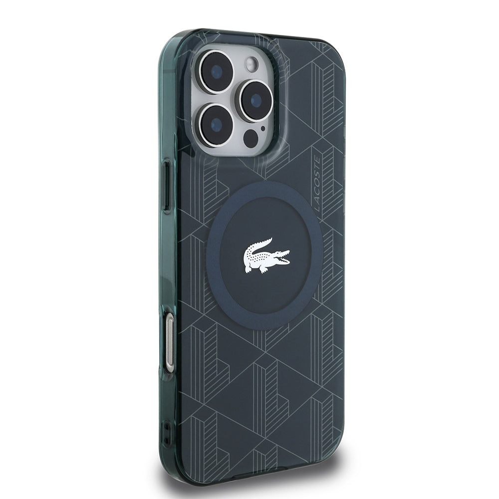 Apple iPhone 16 Pro Kılıf Lacoste Orjinal Lisanslı M-safe Şarj Özellikli IML Baskılı Gümüş Timsah Logolu Monogram Kapak