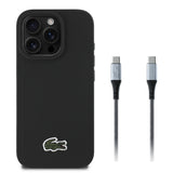 Apple iPhone 16 Pro Kılıf Lacoste Orjinal Lisanslı PU Pike Desenli Arka Yüzey İkonik Timsah Dokuma Logolu Kapak + Type-C Kablo 1.5m