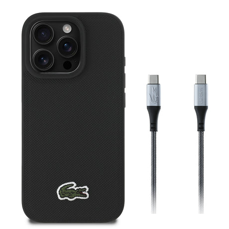 Apple iPhone 16 Pro Kılıf Lacoste Orjinal Lisanslı PU Pike Desenli Arka Yüzey İkonik Timsah Dokuma Logolu Kapak + Type-C Kablo 1.5m