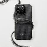 Apple iPhone 16 Pro Kılıf M-safe Şarj Özellikli Aramid Karbon Fiber Pitaka Military-Grade Classic Serisi New Logo Black-Grey Twill Kapak