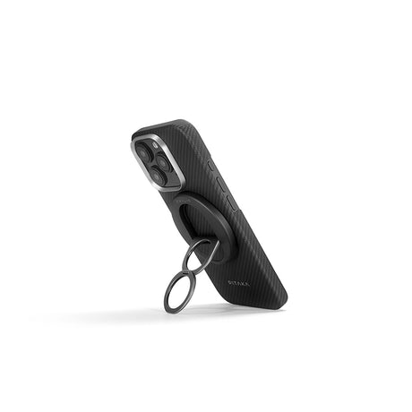 Apple iPhone 16 Pro Kılıf M-safe Şarj Özellikli Grip 3 Standlı 600D Aramid Fiber Pitaka Ultra-Slim Classic Serisi Black-Grey Twill Kapak