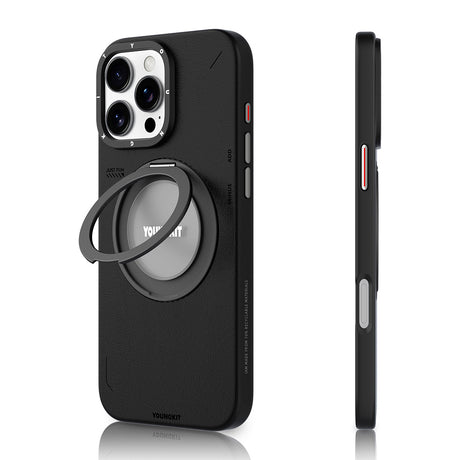 Apple iPhone 16 Pro Kılıf M-safe Şarj Özellikli 360° Standlı Basit Mat Deri Desenli Youngkit Tech Leather Serisi Kapak