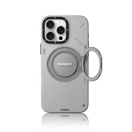 Apple iPhone 16 Pro Kılıf M-safe Şarj Özellikli 360° Standlı Basit Mat Deri Desenli Youngkit Tech Leather Serisi Kapak