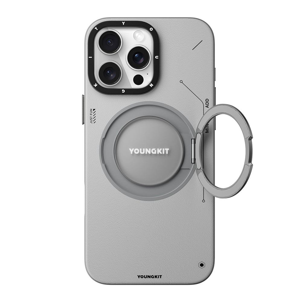 Apple iPhone 16 Pro Kılıf M-safe Şarj Özellikli 360° Standlı Basit Mat Deri Desenli Youngkit Tech Leather Serisi Kapak