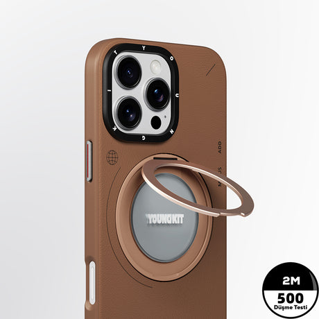 Apple iPhone 16 Pro Kılıf M-safe Şarj Özellikli 360° Standlı Basit Mat Deri Desenli Youngkit Tech Leather Serisi Kapak