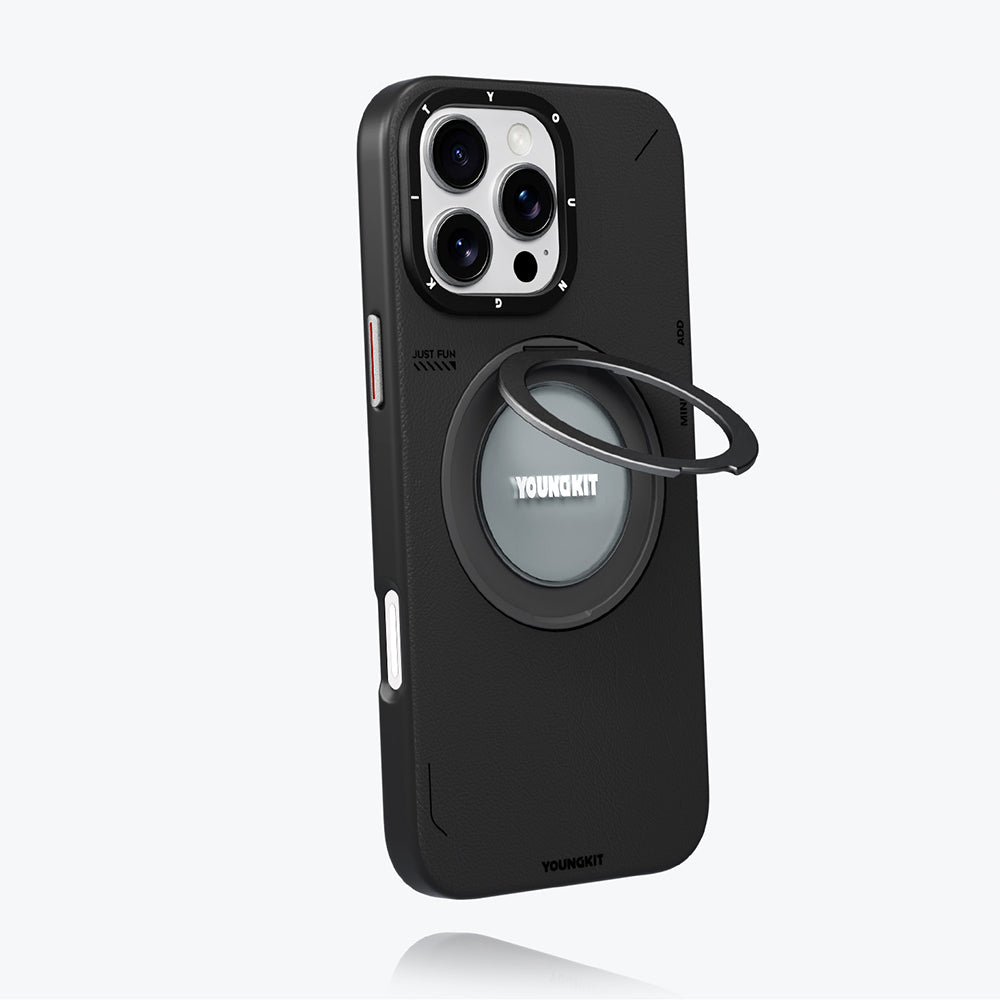 Apple iPhone 16 Pro Kılıf M-safe Şarj Özellikli 360° Standlı Basit Mat Deri Desenli Youngkit Tech Leather Serisi Kapak