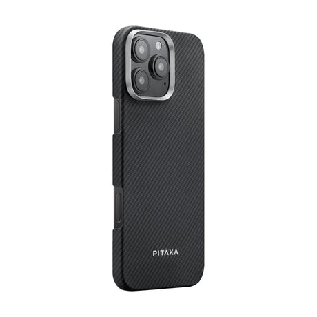Apple iPhone 16 Pro Kılıf M-safe Şarj Özellikli 600D Aramid Fiber Pitaka Ultra-Slim Classic Serisi Black-Grey Twill Kapak
