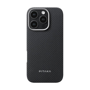 Apple iPhone 16 Pro Kılıf M-safe Şarj Özellikli 600D Aramid Fiber Pitaka Ultra-Slim Classic Serisi Black-Grey Twill Kapak