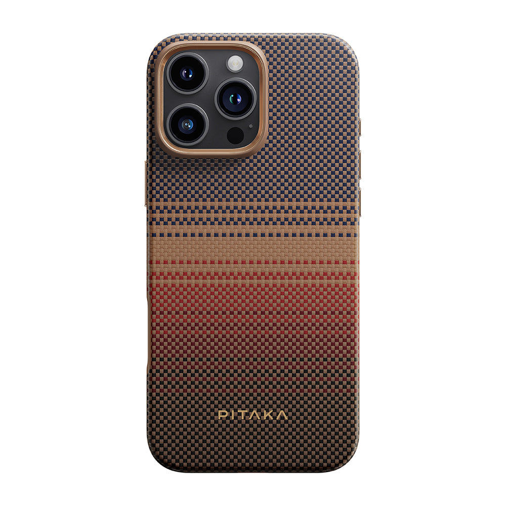 Apple iPhone 16 Pro Kılıf M-safe Şarj Özellikli Aramid Fiber Pitaka Military-Grade Sunset-Moonrise Serisi Sunset Kapak