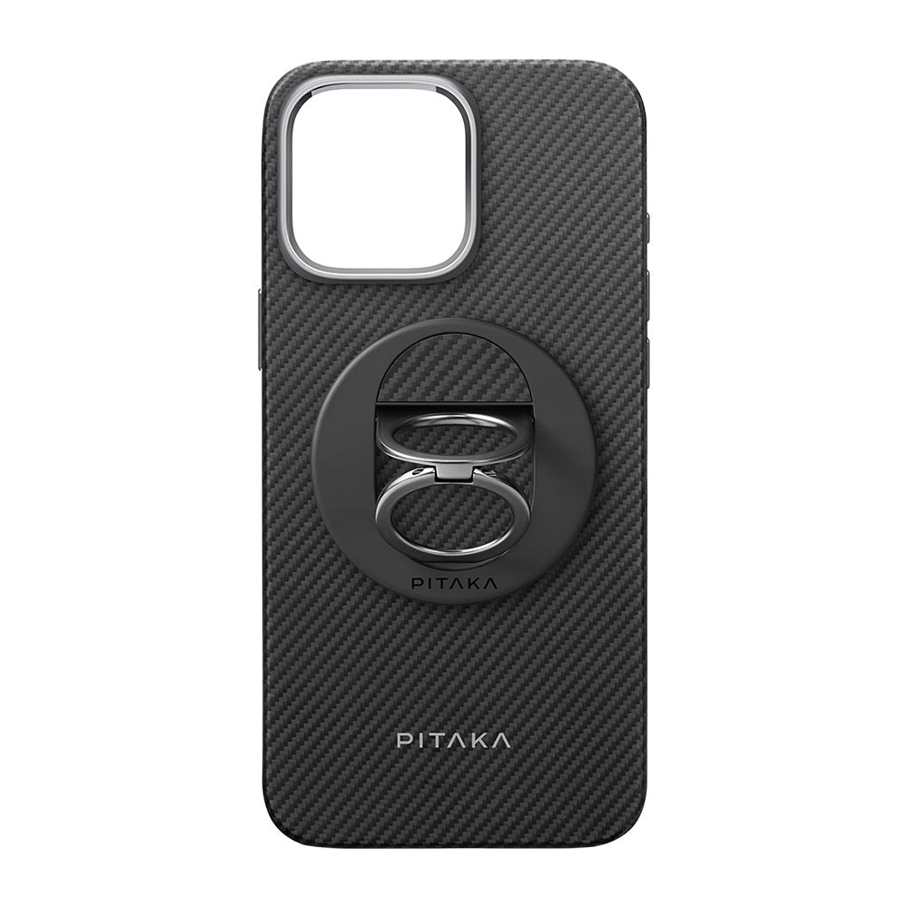 Apple iPhone 16 Pro Kılıf M-safe Şarj Özellikli Grip 3 Standlı Aramid Fiber Pitaka Military Grade Classic Serisi Black-Grey Twill Kapak