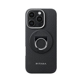 Apple iPhone 16 Pro Kılıf M-safe Şarj Özellikli Grip 3 Standlı Aramid Fiber Pitaka Military Grade Classic Serisi Black-Grey Twill Kapak