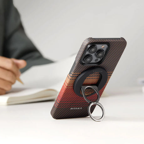 Apple iPhone 16 Pro Kılıf M-safe Şarj Özellikli Grip 3 Standlı Aramid Fiber Pitaka Tactile Woven Sunset-Moonrise Serisi Sunset Kapak