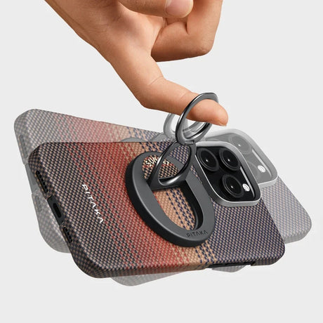 Apple iPhone 16 Pro Kılıf M-safe Şarj Özellikli Grip 3 Standlı Aramid Fiber Pitaka Tactile Woven Sunset-Moonrise Serisi Sunset Kapak