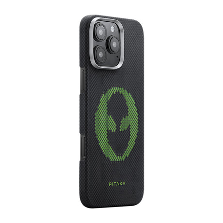 Apple iPhone 16 Pro Kılıf M-safe Şarj Özellikli Lumintex Teknolojili Fosforlu Aramid Fiber Pitaka Tactile Woven Aries Serisi Alien Kapak