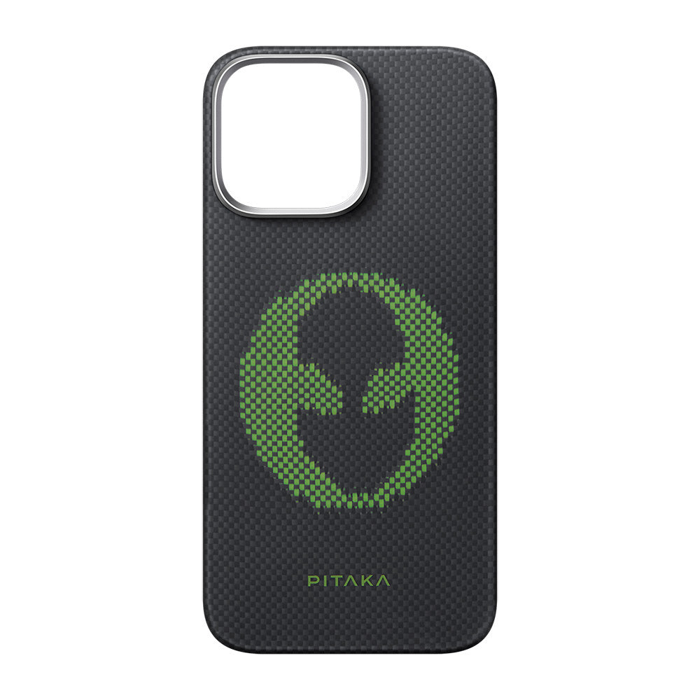 Apple iPhone 16 Pro Kılıf M-safe Şarj Özellikli Lumintex Teknolojili Fosforlu Aramid Fiber Pitaka Tactile Woven Aries Serisi Alien Kapak