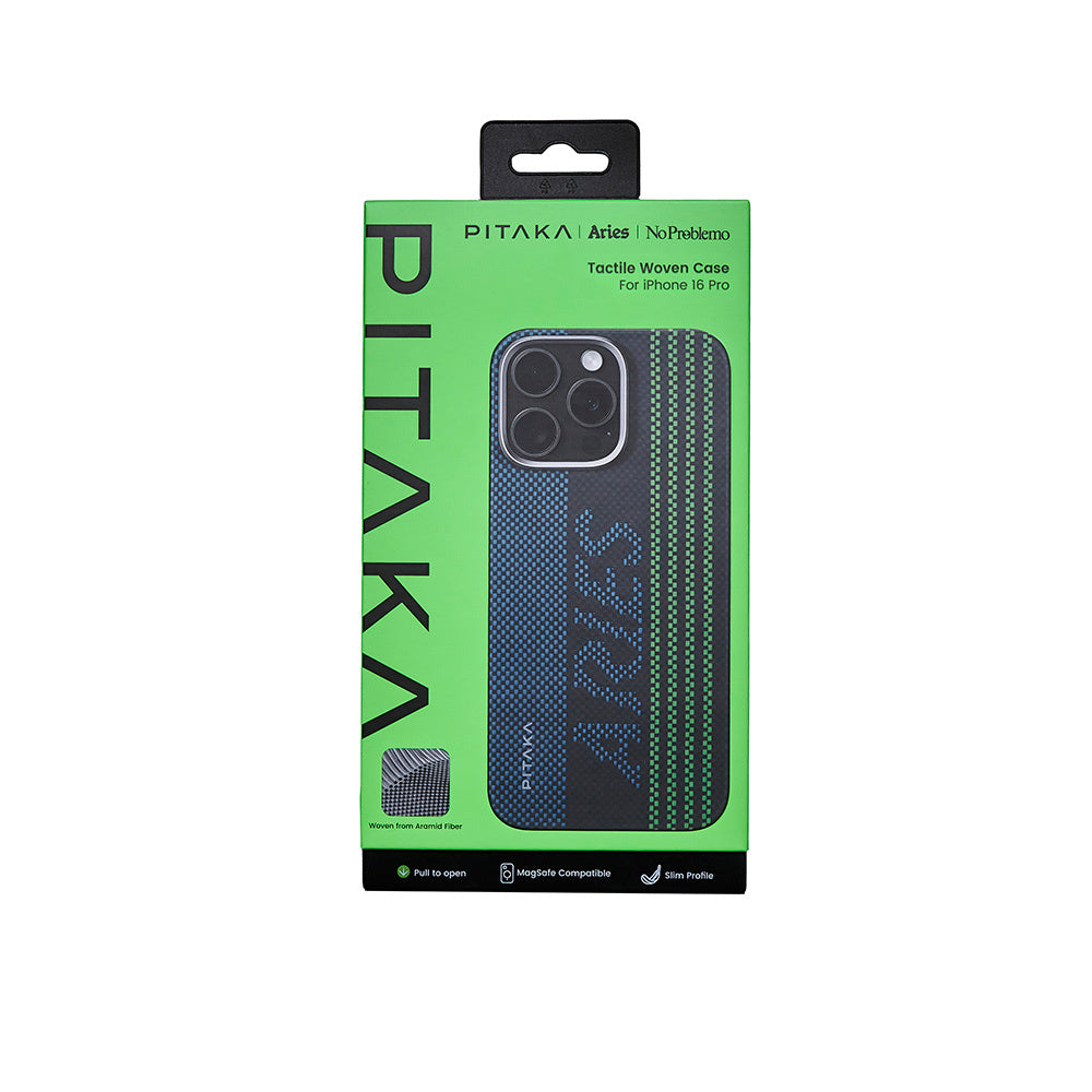 Apple iPhone 16 Pro Kılıf M-safe Şarj Özellikli Lumintex Teknolojili Fosforlu Aramid Fiber Pitaka Tactile Woven Aries Serisi Credit Card Kapak
