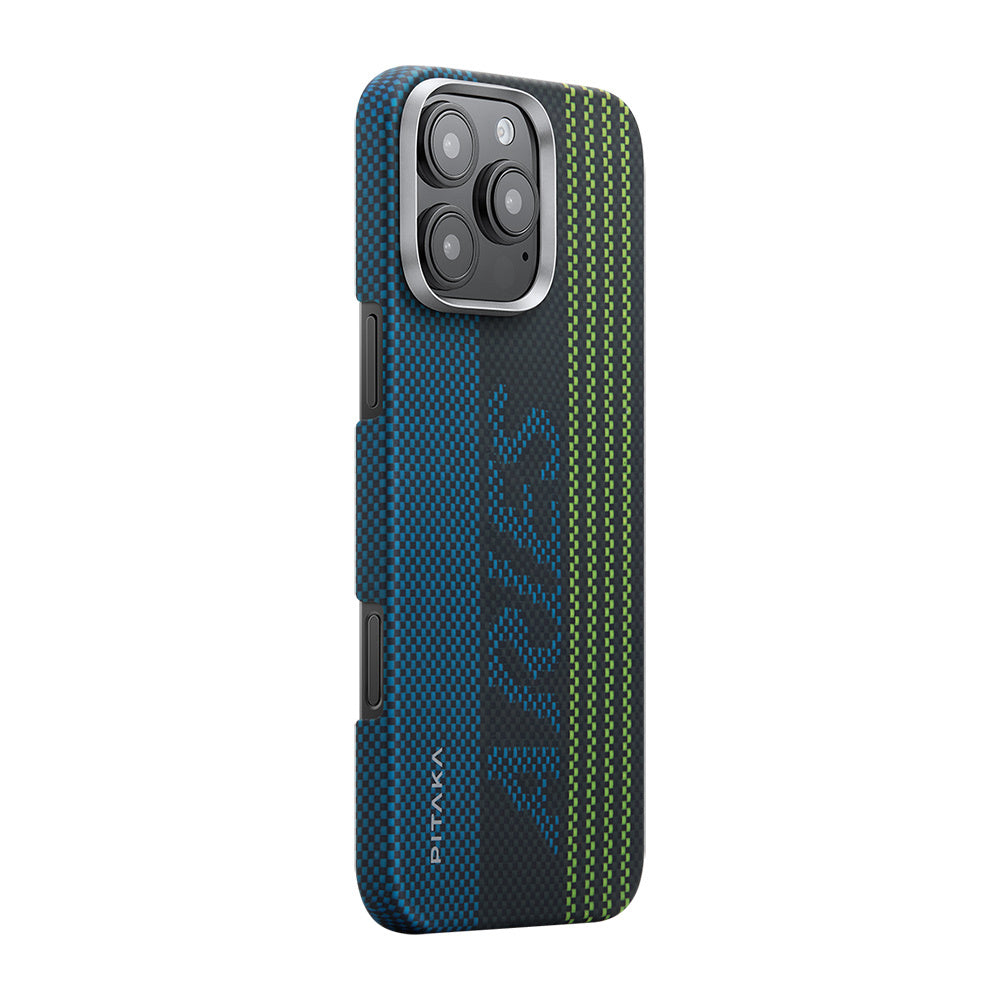 Apple iPhone 16 Pro Kılıf M-safe Şarj Özellikli Lumintex Teknolojili Fosforlu Aramid Fiber Pitaka Tactile Woven Aries Serisi Credit Card Kapak