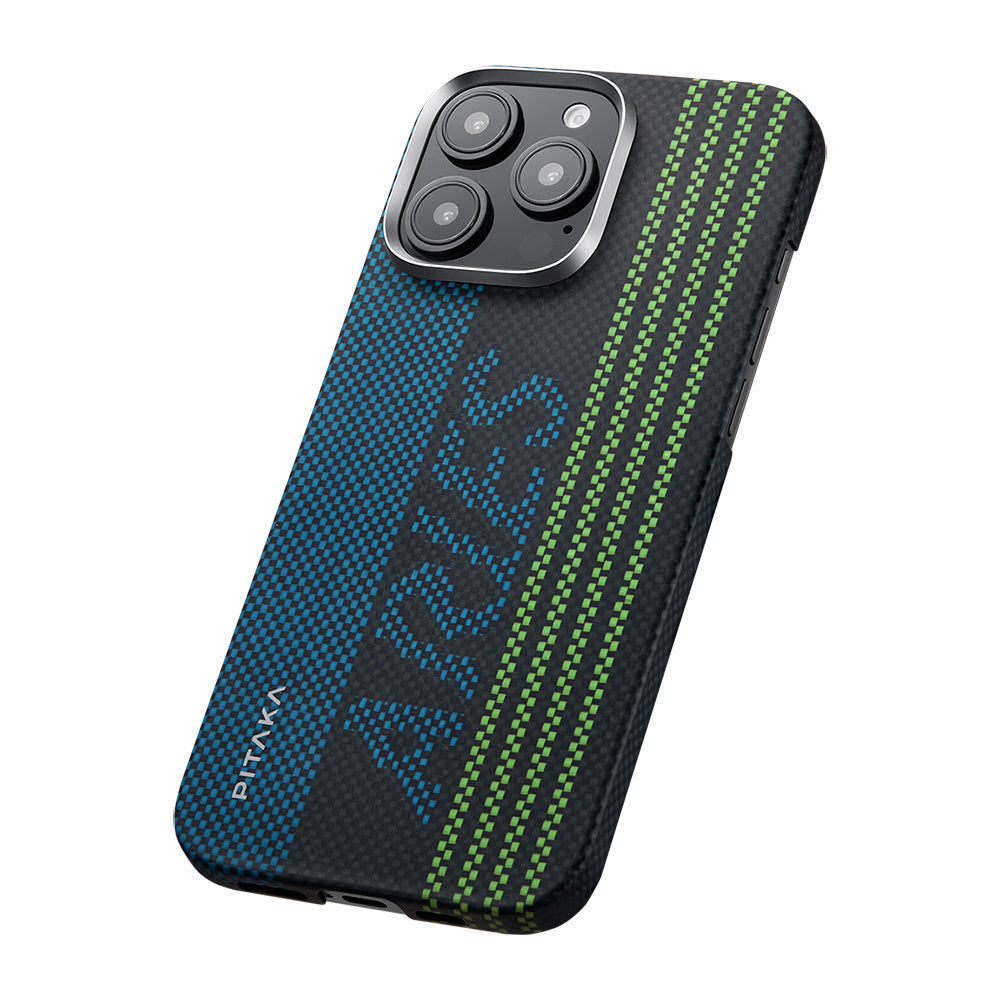 Apple iPhone 16 Pro Kılıf M-safe Şarj Özellikli Lumintex Teknolojili Fosforlu Aramid Fiber Pitaka Tactile Woven Aries Serisi Credit Card Kapak
