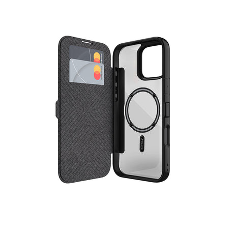 Apple iPhone 16 Pro Kılıf M-safe Şarj Özellikli Vegan Deri Tasarımlı Şeffaf Arka Yüzey Kartlıklı Raptic Urban Folio Serisi Kapak