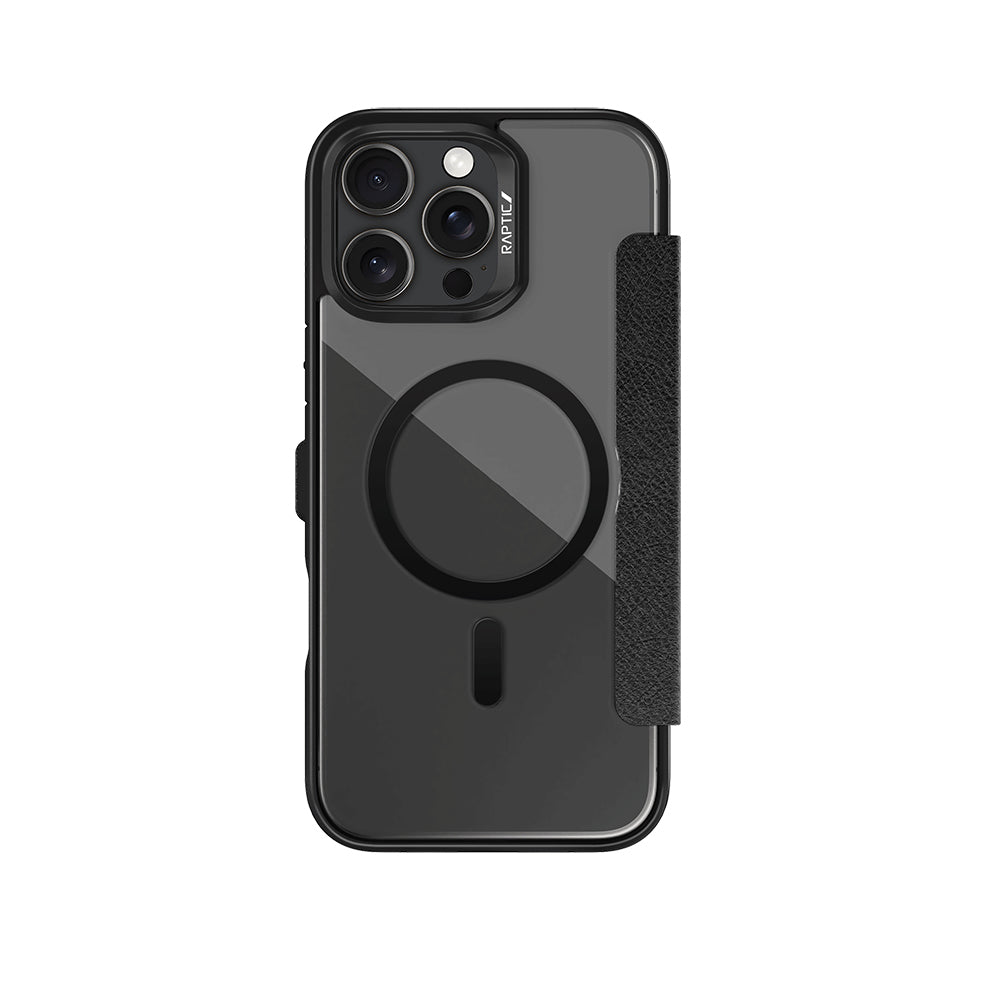 Apple iPhone 16 Pro Kılıf M-safe Şarj Özellikli Vegan Deri Tasarımlı Şeffaf Arka Yüzey Kartlıklı Raptic Urban Folio Serisi Kapak