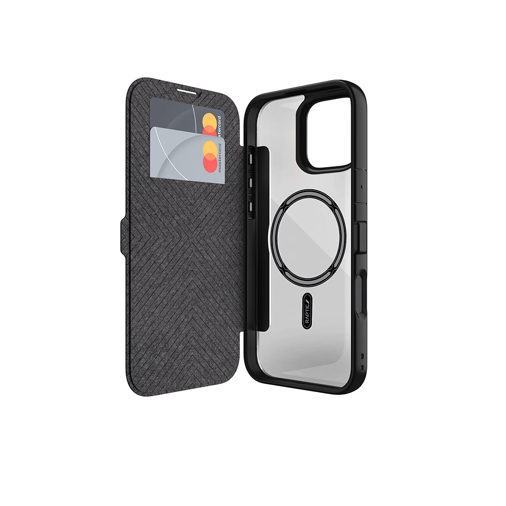 Apple iPhone 16 Pro Kılıf M-safe Şarj Özellikli Vegan Deri Tasarımlı Şeffaf Arka Yüzey Kartlıklı Raptic Urban Folio Serisi Kapak