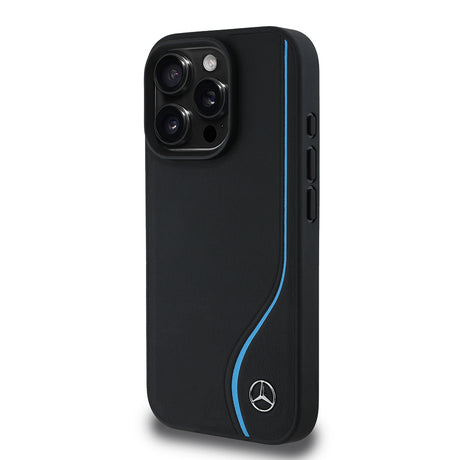 Apple iPhone 16 Pro Kılıf Mercedes Benz Orjinal Lisanslı M-safe Şarj Özellikli 3D Metal Logolu Mavi Dikey Eğri Çizgili Deri Kapak