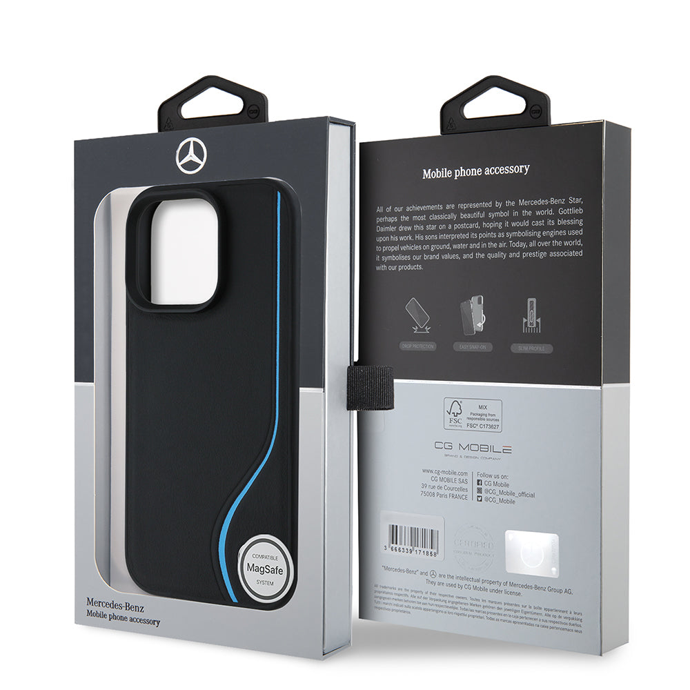 Apple iPhone 16 Pro Kılıf Mercedes Benz Orjinal Lisanslı M-safe Şarj Özellikli 3D Metal Logolu Mavi Dikey Eğri Çizgili Deri Kapak