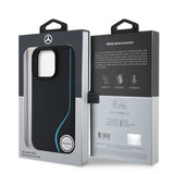 Apple iPhone 16 Pro Kılıf Mercedes Benz Orjinal Lisanslı M-safe Şarj Özellikli 3D Metal Logolu Mavi Dikey Eğri Çizgili Deri Kapak