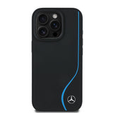 Apple iPhone 16 Pro Kılıf Mercedes Benz Orjinal Lisanslı M-safe Şarj Özellikli 3D Metal Logolu Mavi Dikey Eğri Çizgili Deri Kapak