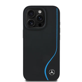 Apple iPhone 16 Pro Kılıf Mercedes Benz Orjinal Lisanslı M-safe Şarj Özellikli 3D Metal Logolu Mavi Dikey Eğri Çizgili Deri Kapak