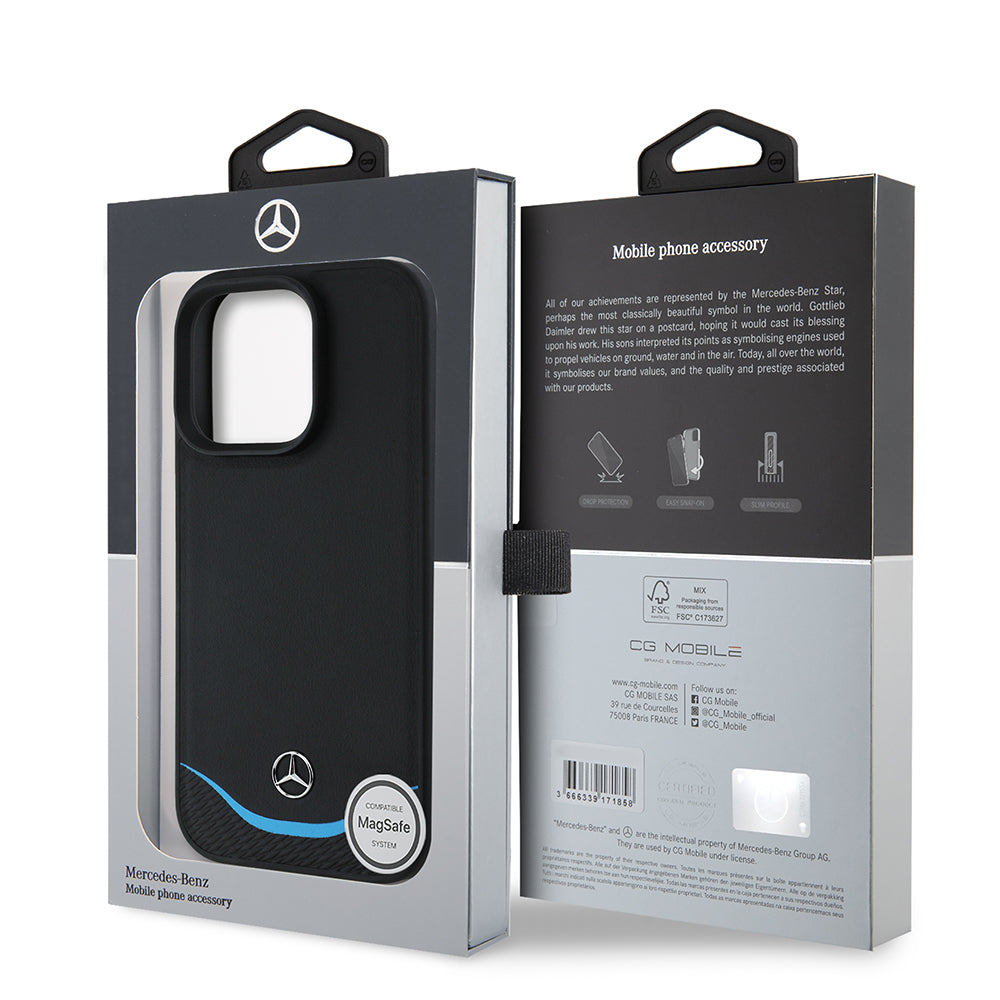Apple iPhone 16 Pro Kılıf Mercedes Benz Orjinal Lisanslı M-safe Şarj Özellikli 3D Metal Logolu Mavi Yatay Eğri Çizgili Deri Kapak