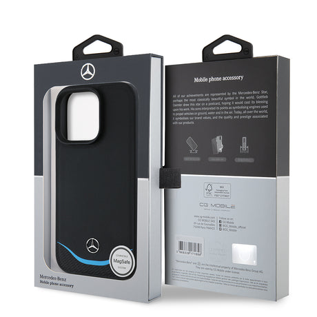Apple iPhone 16 Pro Kılıf Mercedes Benz Orjinal Lisanslı M-safe Şarj Özellikli 3D Metal Logolu Mavi Yatay Eğri Çizgili Deri Kapak