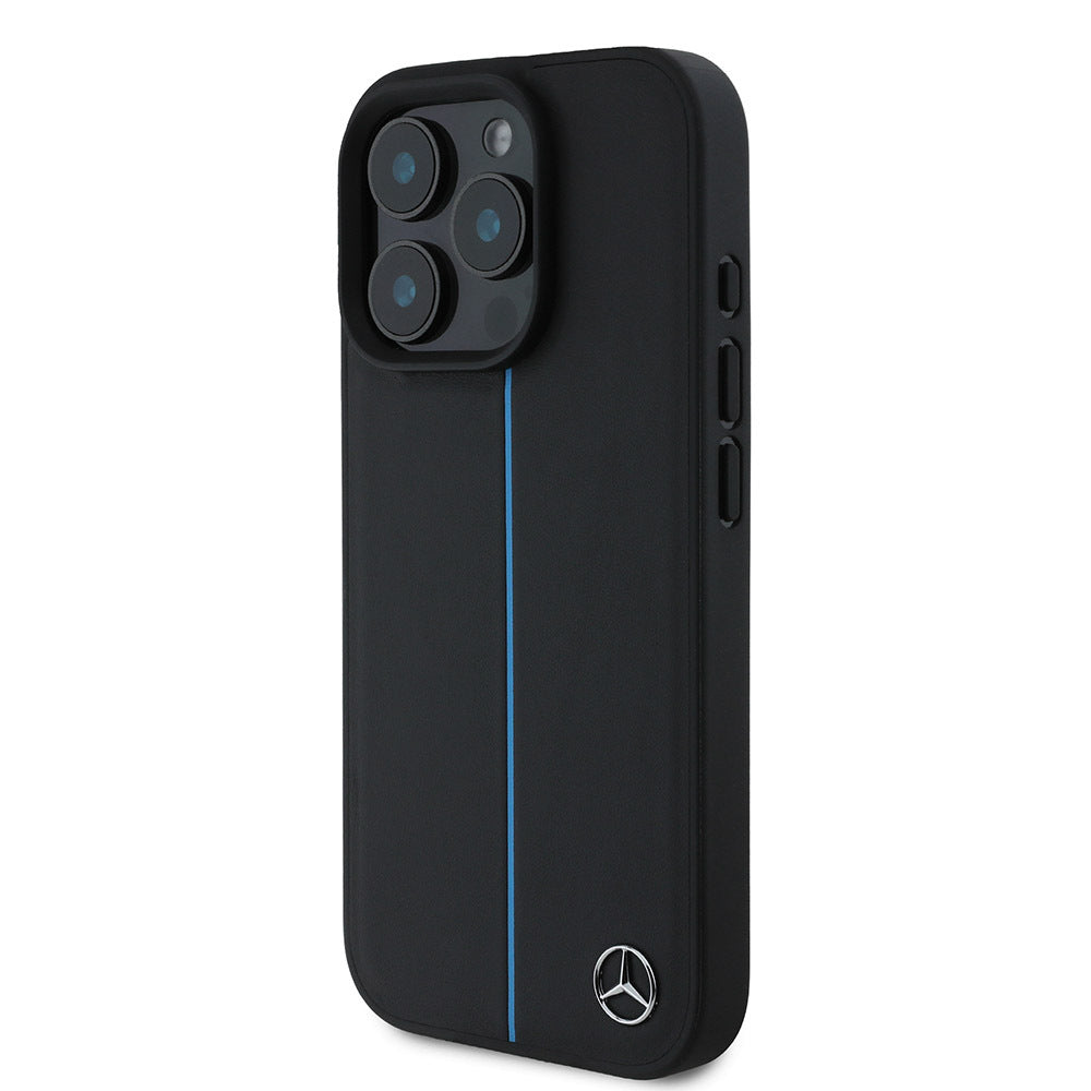 Apple iPhone 16 Pro Kılıf Mercedes Benz Orjinal Lisanslı M-safe Şarj Özellikli Metal Yıldız Logolu Mavi Çizgili Deri Kapak