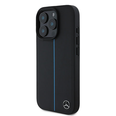 Apple iPhone 16 Pro Kılıf Mercedes Benz Orjinal Lisanslı M-safe Şarj Özellikli Metal Yıldız Logolu Mavi Çizgili Deri Kapak