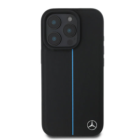 Apple iPhone 16 Pro Kılıf Mercedes Benz Orjinal Lisanslı M-safe Şarj Özellikli Metal Yıldız Logolu Mavi Çizgili Deri Kapak